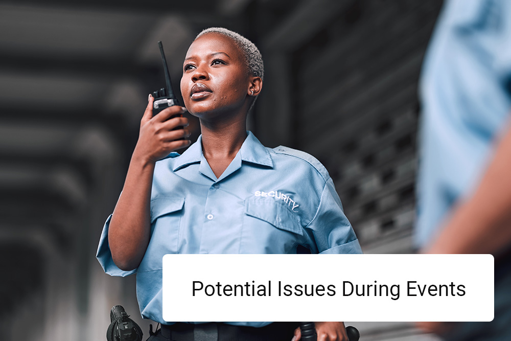 Blog image 1 shows a uniformed security guard holding a walkie-talkie, looking alert. The text overlay reads: Potential Issues During Large Scale Events: Emergency Response Planning.