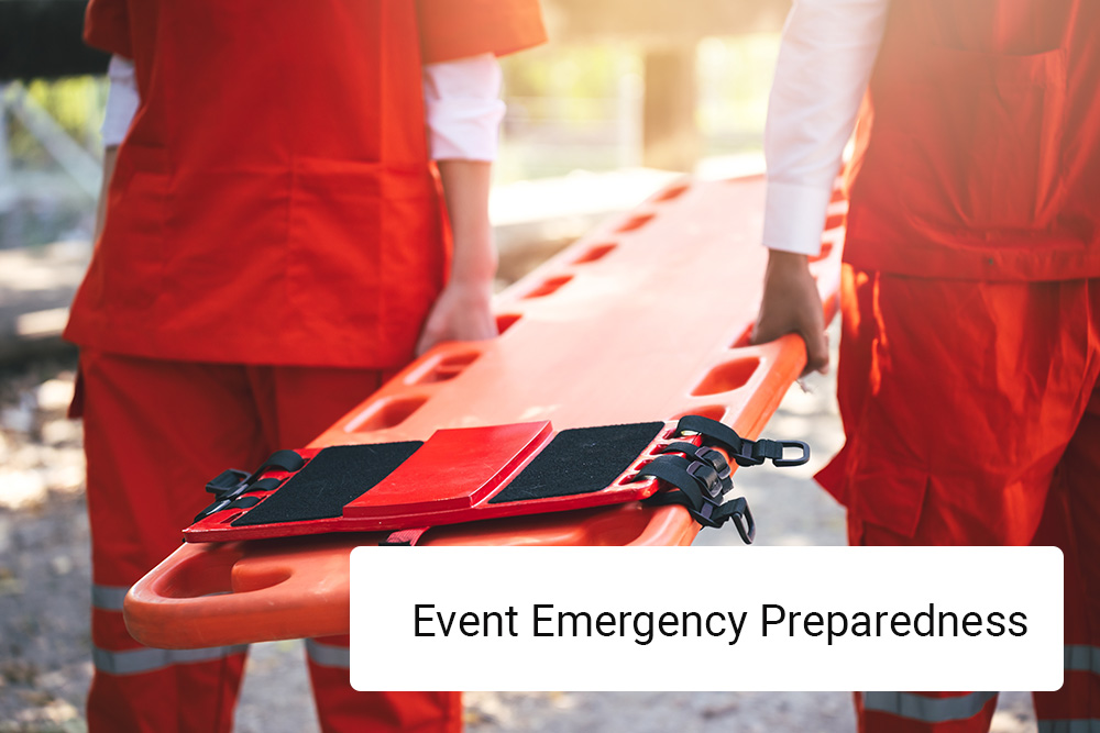 In Blog image 2, two people in orange uniforms hold a stretcher outdoors. A text box reads “Event Emergency Preparedness,” emphasizing the need for Emergency Response Planning at Large Scale Events.