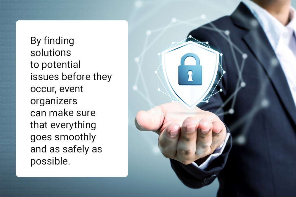In Blog image 4, a person in a business suit holds a digital lock icon to symbolize security. Next to them, text states: “Effective Emergency Response Planning helps event organizers ensure safety at large-scale events.”.