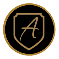 The shield-Icon-Logo-200px features a gold letter A on a black shield with a gold border, encircled by a gold ring, symbolizing Alexios Security Solutions—your trusted provider of Executive Protection & Bodyguards in Las Vegas.