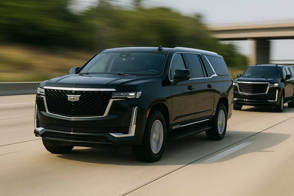 Two secure-ground-transportation-7 black Cadillac Escalade SUVs drive side by side on a Nevada highway, with blurred green trees and an overpass in the background, reflecting luxury and security in motion.