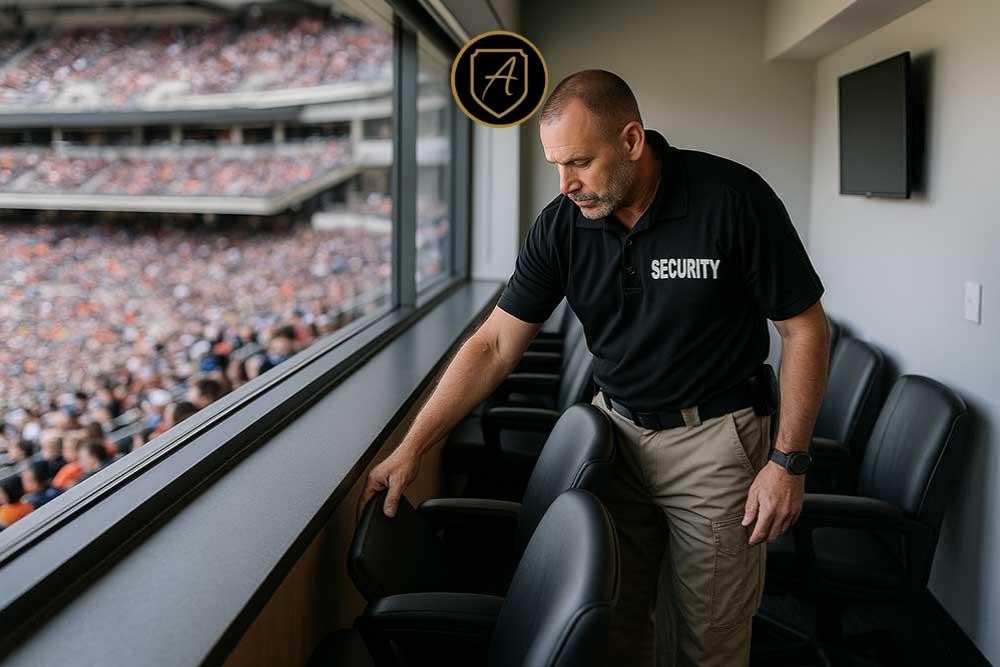 An Alexios Security Solutions team member patrols stadium suites to ensure VIP safety during major sporting events.