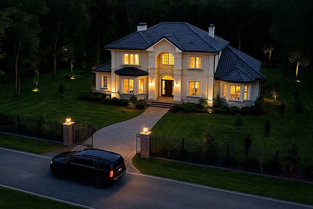 At night, Estates-in-Nevada-From-Modern-Security-Threats-4 features a spacious, illuminated home, a black SUV parked outside under on set security Las Vegas surveillance, and small lights brightening the lawn and surrounding trees.