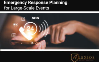 A person touches a smartphone screen with emergency icons and a 24-hour SOS symbol, highlighting Emergency Response Planning for Large-Scale Events 1 by Alexios Security Solutions in Las Vegas.