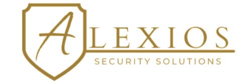 The new-logo-brighter-gold features gold lettering for Alexios Security Solutions with a large stylized A inside a shield outline. Security Solutions appears below Alexios, representing Executive Protection & Bodyguards in Las Vegas.