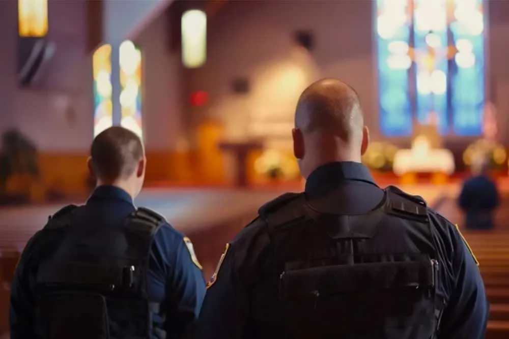 Two uniformed officers in bulletproof vests stand inside a church, facing the altar and stained glass—demonstrating Church-security by Alexios Security Solutions, experts in Executive Protection & Bodyguards in Las Vegas.