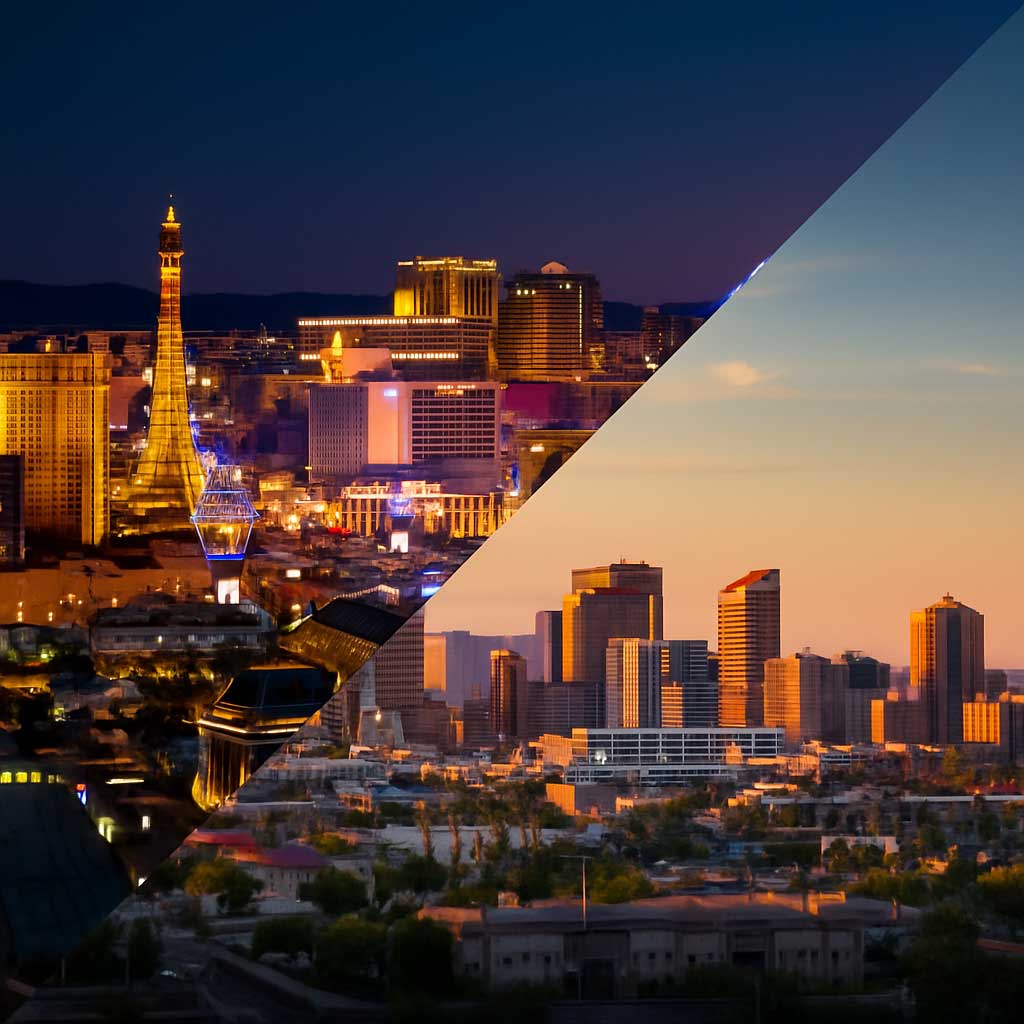 The Lasvegas-phoenix-split-image features Las Vegas Strip at night and sunlit Phoenix—both cities known for trusted Executive Protection & Bodyguards by Alexios Security Solutions.
