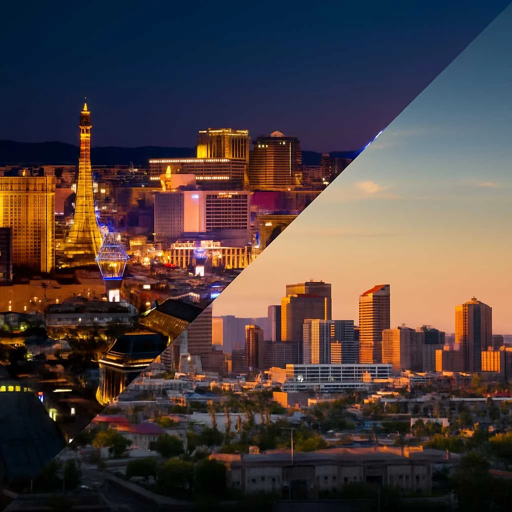 The Lasvegas-phoenix-split-image features Las Vegas Strip at night and sunlit Phoenix—both cities known for trusted Executive Protection & Bodyguards by Alexios Security Solutions.