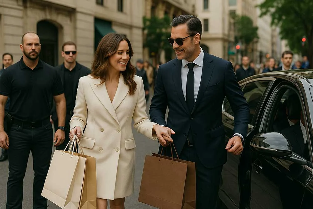A smiling couple in formal attire carries shopping bags and walks hand-in-hand down a city street with executive protection bodyguards from Alexios Security Solutions (executive-protection-page-4) in Las Vegas among buildings and greenery.