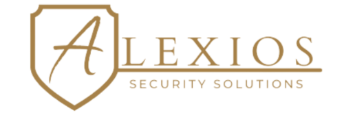 The new-logo features a gold shield outline with a stylized A, the company name in gold and red, and Security Solutions underneath for Alexios Security Solutions, specialists in Executive Protection & Bodyguards in Las Vegas.