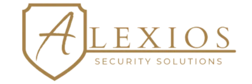 The new-logo features a gold shield outline with a stylized A, the company name in gold and red, and Security Solutions underneath for Alexios Security Solutions, specialists in Executive Protection & Bodyguards in Las Vegas.