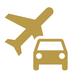 Gold icon with airplane flying over a car, representing secure-ground&-Air-transportation—perfect for Executive Protection & Bodyguards in Las Vegas from Alexios Security Solutions.