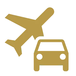 Gold icon with airplane flying over a car, representing secure-ground&-Air-transportation—perfect for Executive Protection & Bodyguards in Las Vegas from Alexios Security Solutions.