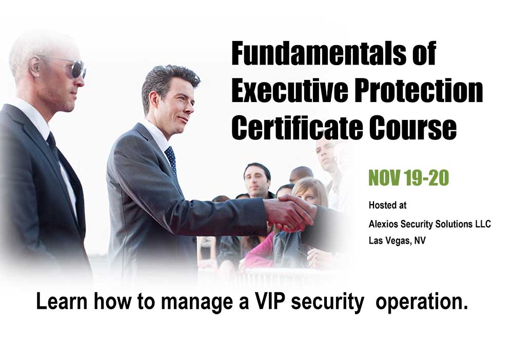 Two men in suits, one wearing sunglasses, stand with another shaking hands before a bright backdrop. Text promotes the Fundamentals_EP_Cert_Course_LasVegas by Alexios Security Systems, Nov 19-20 in Las Vegas, NV.