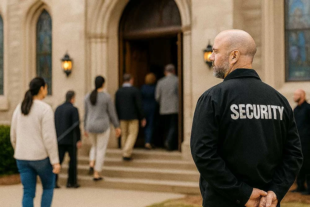 A Uniformed-Security-Guard-Services-8 officer stands outside a building marked SECURITY on his jacket, observing people entering through wooden doors of what looks like a church or historic site.