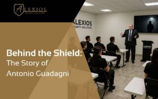 Antonio Guadagni instructs a team of security professionals at Alexios Security Solutions training session. Text: behind-the-shield-antonio-guadagni—exploring executive protection in Las Vegas.