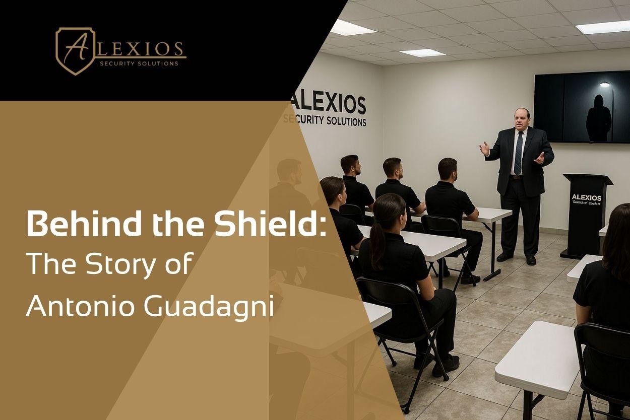 Antonio Guadagni instructs a team of security professionals at Alexios Security Solutions training session. Text: behind-the-shield-antonio-guadagni—exploring executive protection in Las Vegas.