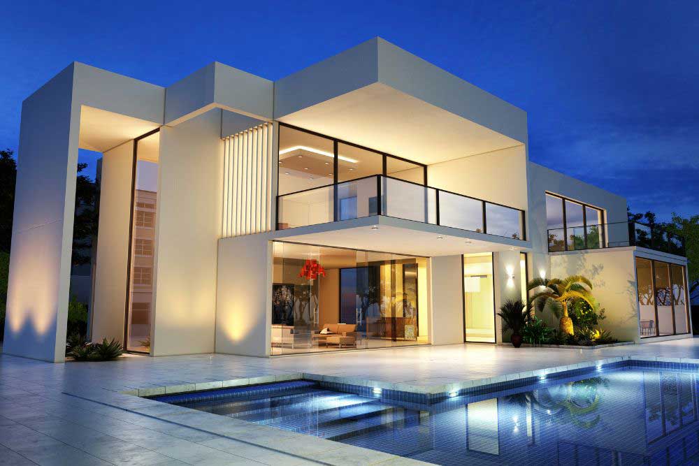 Estate-and-asset-protection-1: Modern two-story house with large windows, warm lighting, a spacious patio, and swimming pool, discreetly secured with residential protection features, photographed at dusk under a clear blue sky. Estate-and-asset-protection-1: Modern two-story house with large windows, warm lighting, a spacious patio, and swimming pool, discreetly secured with residential protection features, photographed at dusk under a clear blue sky.