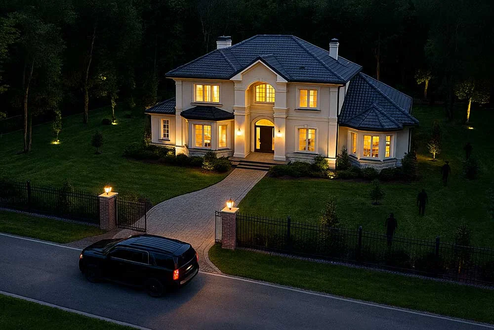 A spacious two-story house glows at night, with a black SUV in the driveway. estate-and-asset-protection-6 by Residential Security Nevada keeps the lawn and softly lit trees safe and secure.