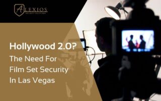 Camera operator films on a studio set with bright lights, emphasizing the need for film set security in Las Vegas.