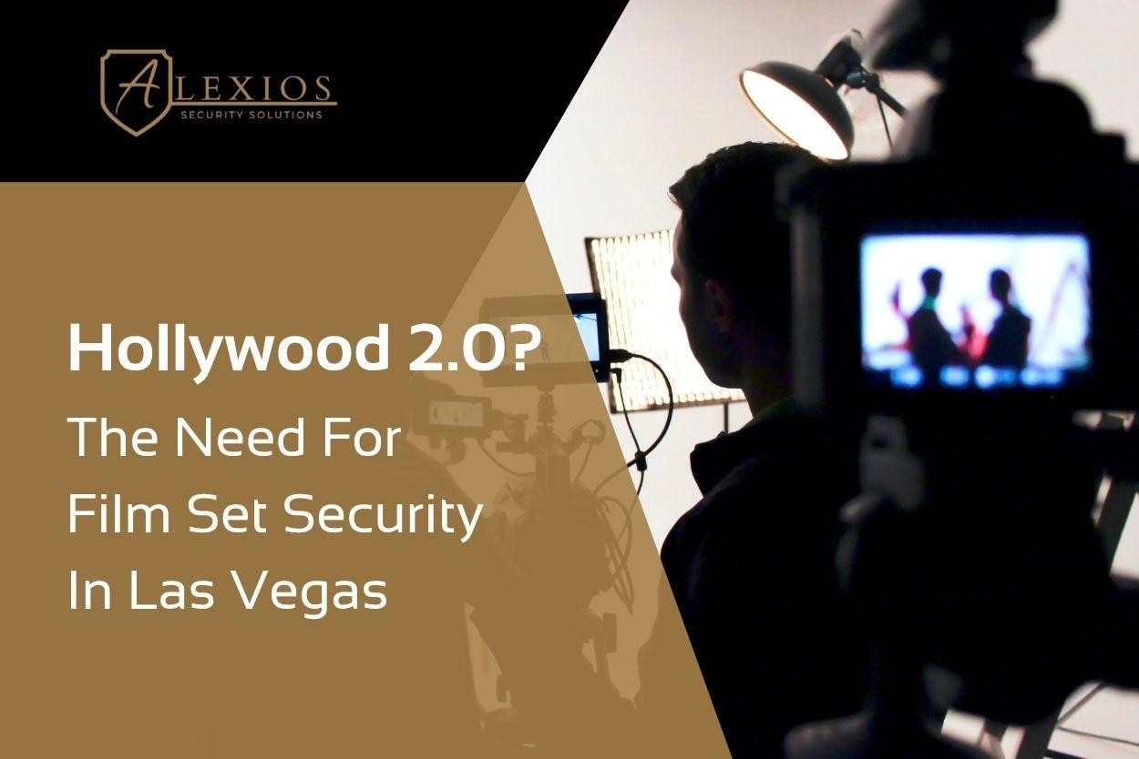 Camera operator films on a studio set with bright lights, emphasizing the need for film set security in Las Vegas.