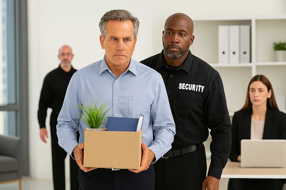 A man in a blue shirt holds a box of office items while being escorted by security, demonstrating the hostile-termination-training-3 process. Two others are in the background, one standing and one seated at a laptop. A man in a blue shirt holds a box of office items while being escorted by security, demonstrating the hostile-termination-training-3 process. Two others are in the background, one standing and one seated at a laptop.