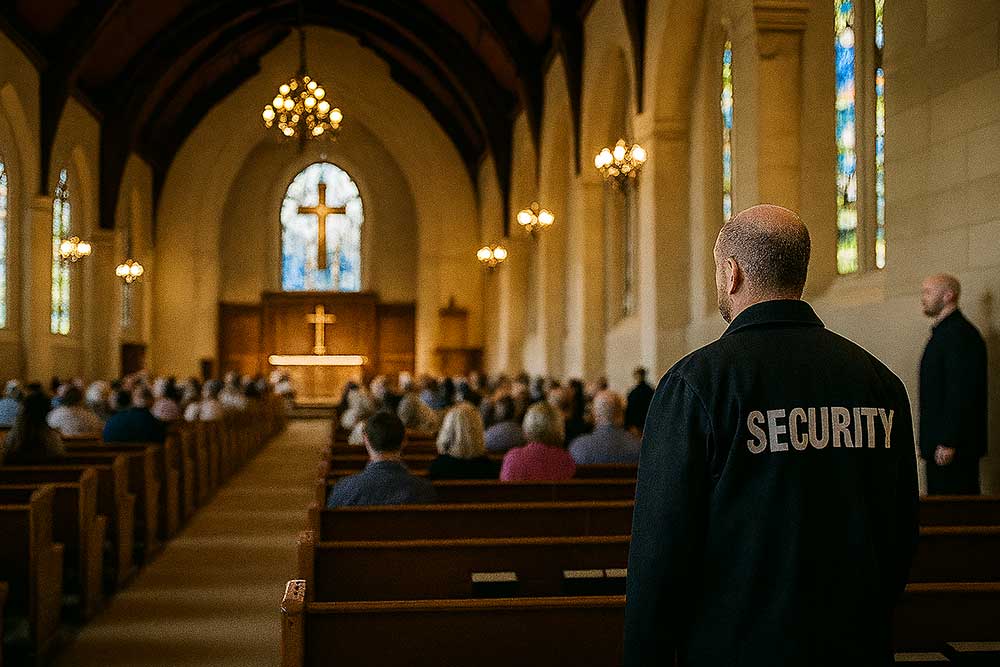 Using house-of-worship-security-3, security guards monitor the sanctuary during services, with one stationed at the back and another along the aisle as stained glass windows and chandeliers illuminate the congregation. Using house-of-worship-security-3, security guards monitor the sanctuary during services, with one stationed at the back and another along the aisle as stained glass windows and chandeliers illuminate the congregation.