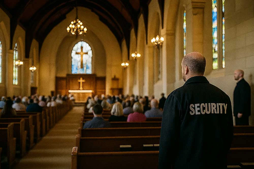 Using house-of-worship-security-3, security guards monitor the sanctuary during services, with one stationed at the back and another along the aisle as stained glass windows and chandeliers illuminate the congregation.
