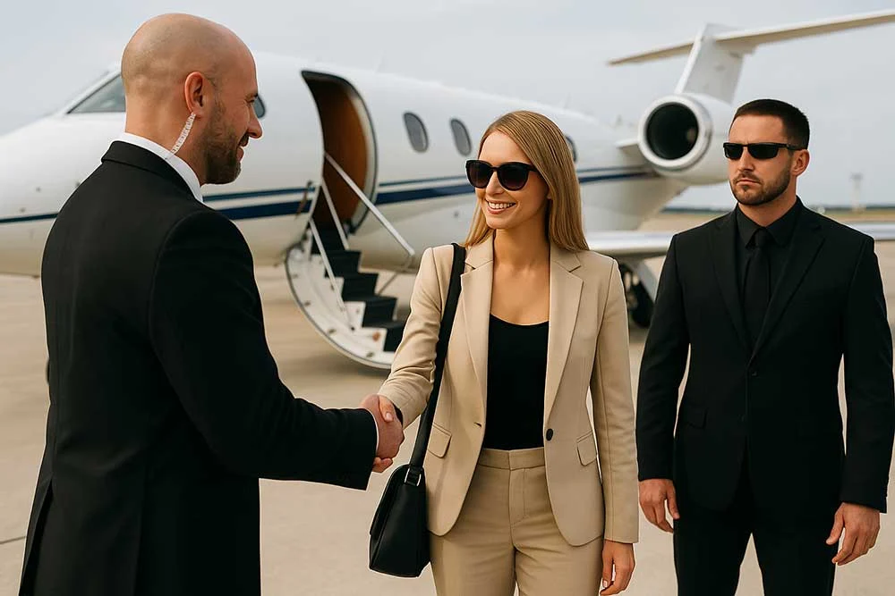 A woman in a beige suit and sunglasses shakes hands with a security guard beside a private jet, while another guard in black stands nearby on the Nevada tarmac, showcasing secure-ground-transportation-6 for seamless air travel.