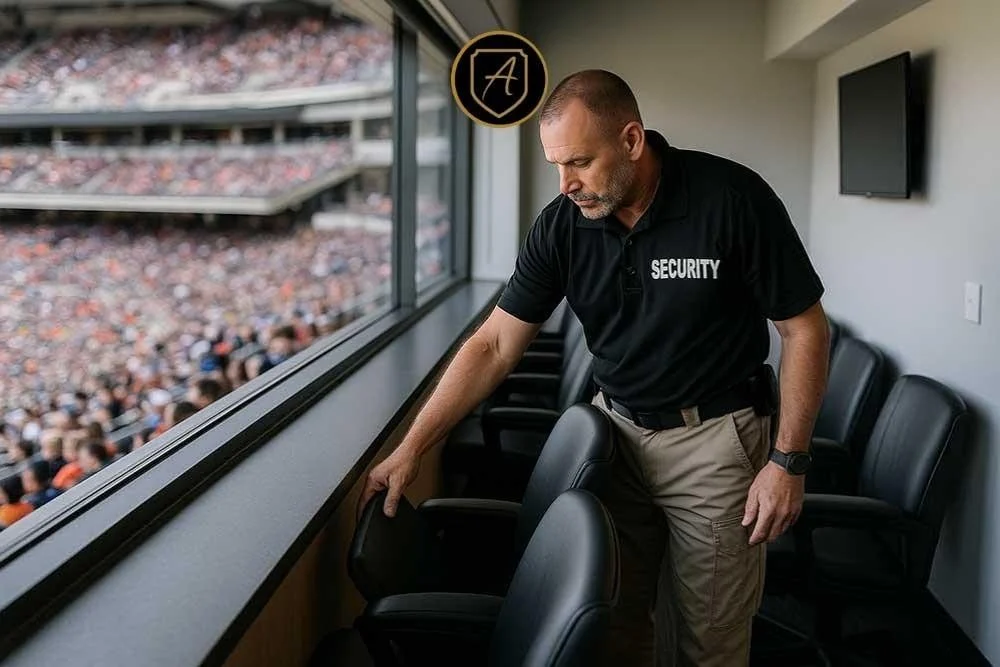 An Alexios Security Solutions team member patrols stadium suites to ensure VIP safety during major sporting events.