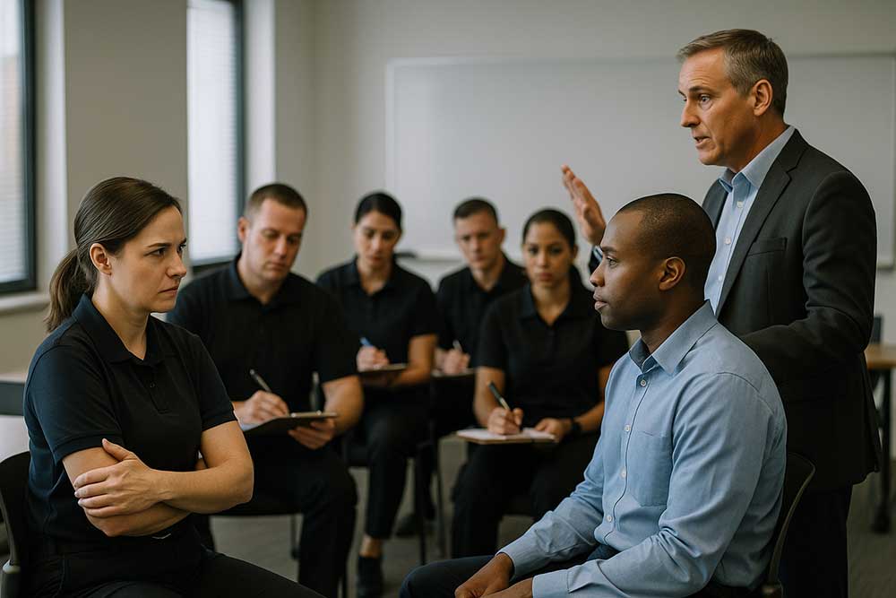 In a classroom, a man speaks to a seated woman with crossed arms while others in black shirts take notes and observe, applying Behavioral-Intelligence--2 concepts.