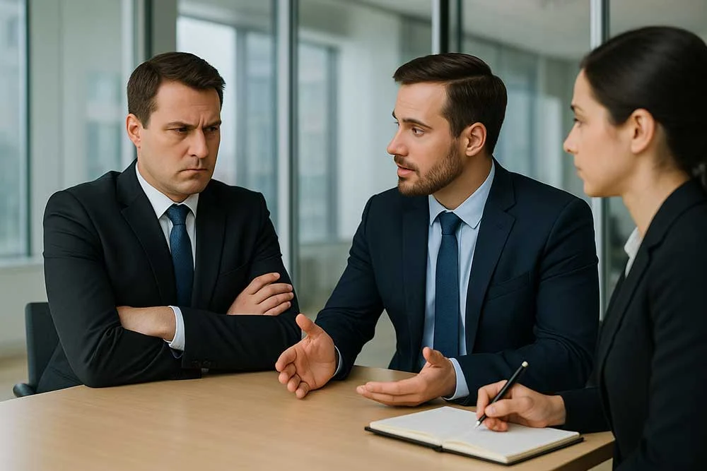 Three business professionals discuss Behavioral-Intelligence--3 at a table. One man, arms crossed, appears upset; another gestures while speaking; a woman takes notes during the Behavioral-Intelligence--3 overview.