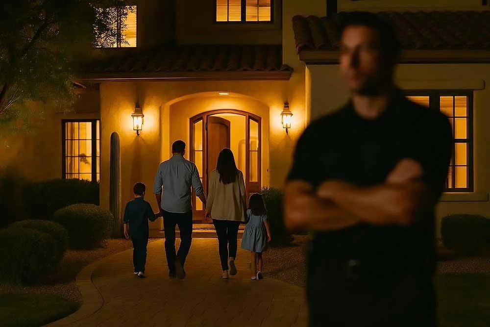 A family of four approaches a warmly lit house at night, holding hands. In the foreground, Estates-in-Nevada-From-Modern-Security-Threats-5 stands guard, arms crossed and watchful in the shadows.