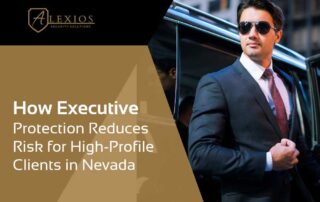 A man in a suit and sunglasses stands by a car, looking alert. The text reads: How-Executive-Protection-Reduces-Risk-1 helps high-profile clients lower risk. Logo: Alexios Security Solutions.