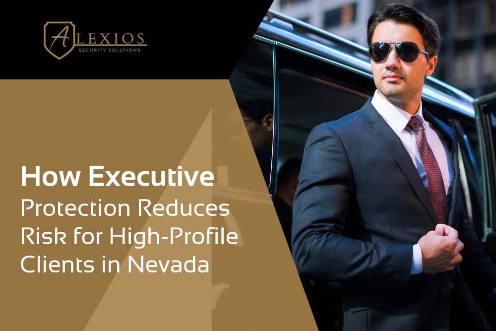 A man in a suit and sunglasses stands by a car, looking alert. The text reads: How-Executive-Protection-Reduces-Risk-1 helps high-profile clients lower risk. Logo: Alexios Security Solutions.