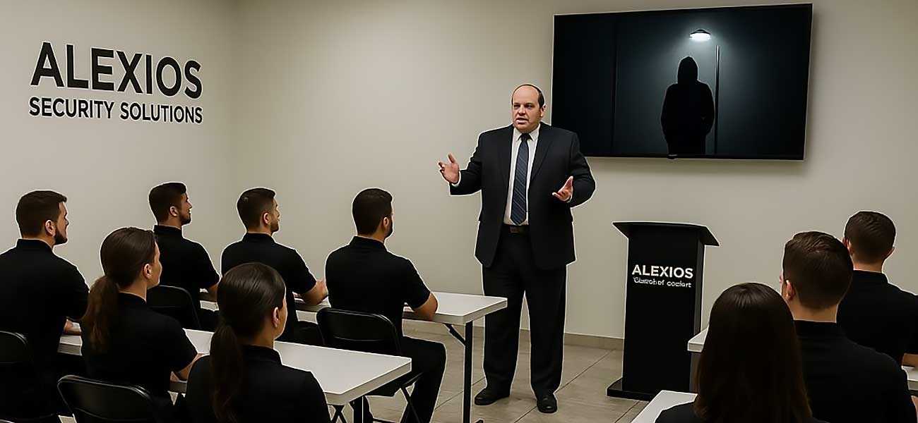 A man in a suit addresses uniformed trainees on stalker detection at the front of a classroom, with “alexios-training-stalker-prevention” displayed on the screen and podium, along with an image of a shadowy figure. A man in a suit addresses uniformed trainees on stalker detection at the front of a classroom, with "alexios-training-stalker-prevention" displayed on the screen and podium, along with an image of a shadowy figure.