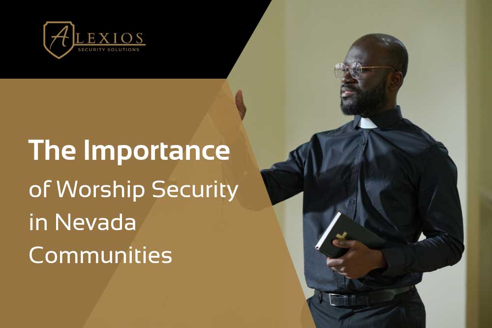 A man in clerical attire holds a Bible and gestures while speaking. Text: The-Importance-of-Worship-Security-in-Nevada-Communities-1 with the Alexios Security Solutions logo above. | Executive Protection & Bodyguards in Las Vegas | Alexios