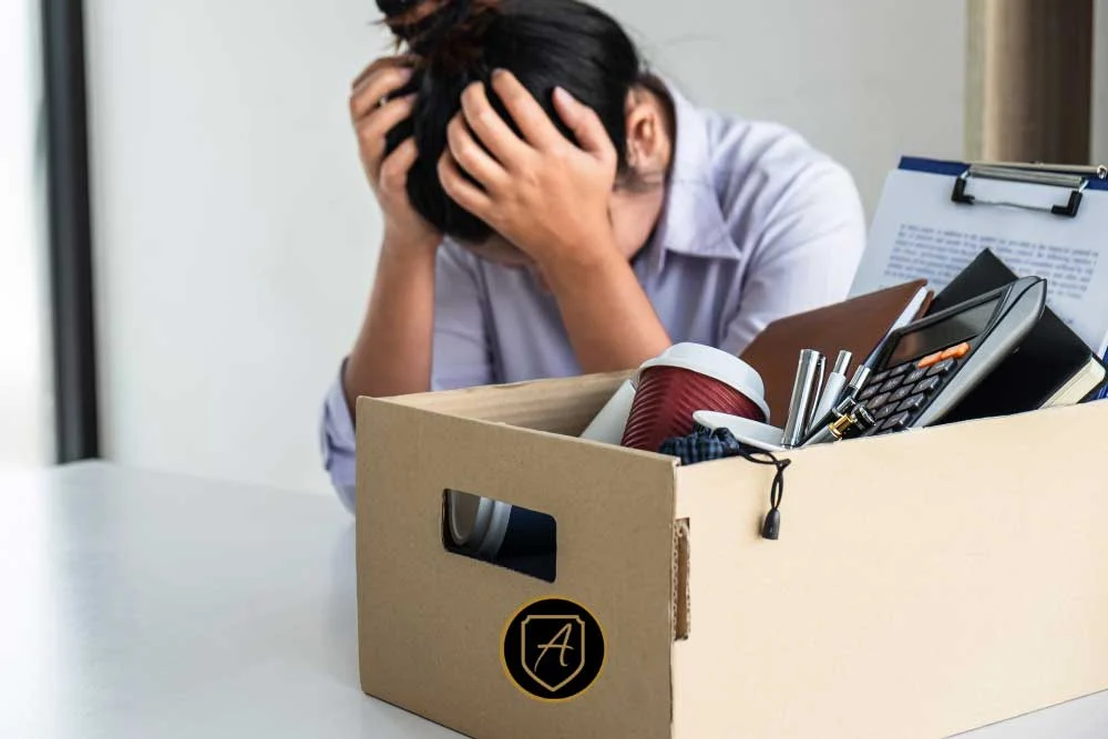 A distressed woman sits at her desk with a box of belongings, symbolizing job loss—emphasizing why Arizona companies invest in Why-Arizona-Companies-Invest-in-Hostile-Termination-Services-2 for executive protection during difficult transitions. | Executive Protection & Bodyguards in Las Vegas | Alexios