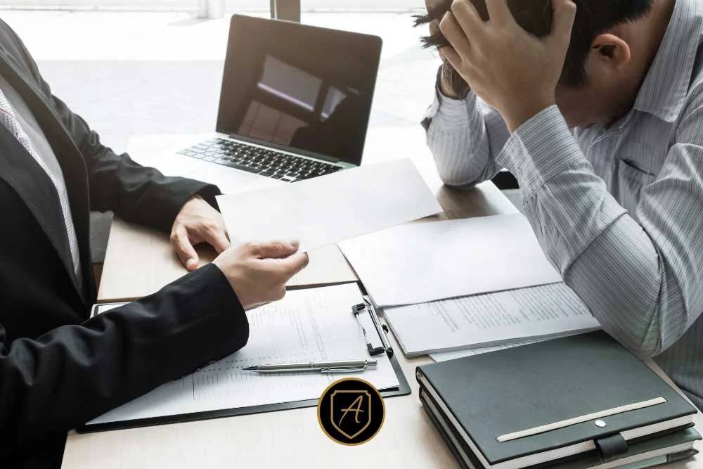 Two people, dressed for business, sit at a desk with documents and a laptop. One, likely an Arizona executive, hands a paper to the other, who looks frustrated—echoing the high-pressure scenarios that "Why-Arizona-Companies-Invest-in-Hostile-Termination-Services-3" addresses. | Executive Protection & Bodyguards in Las Vegas | Alexios