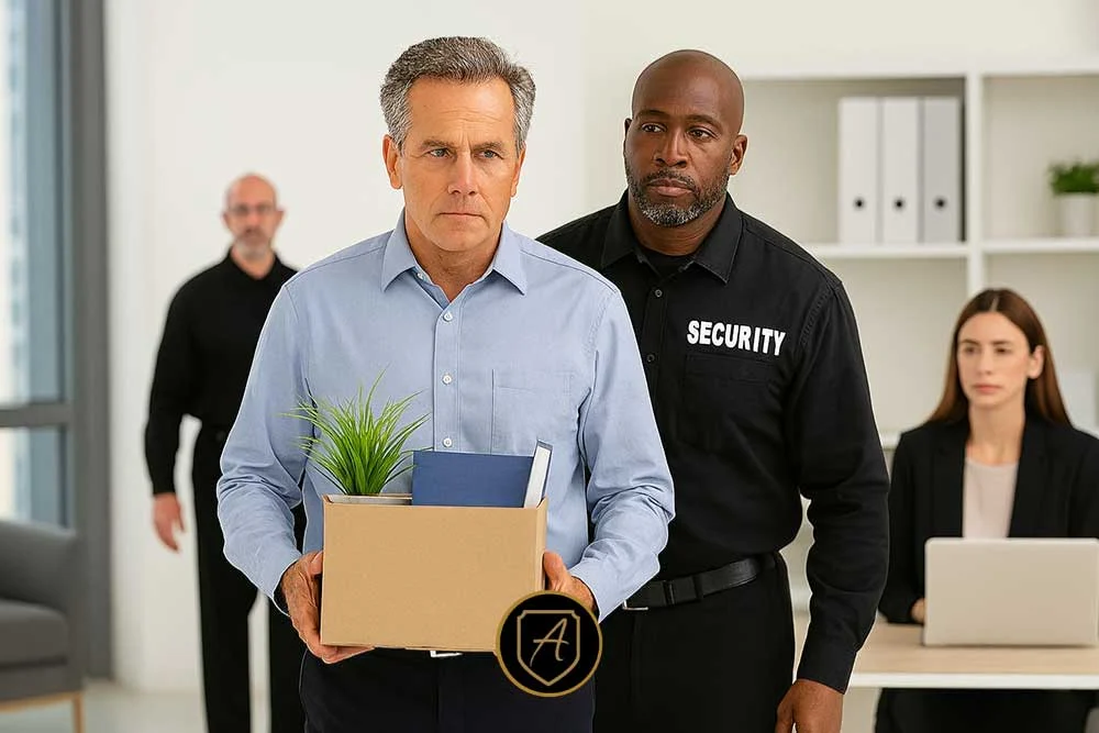 A man holding a box of office supplies is escorted by security, illustrating why Arizona companies invest in Hostile Termination Services-4 to ensure executive safety during workplace departures. | Executive Protection & Bodyguards in Las Vegas | Alexios
