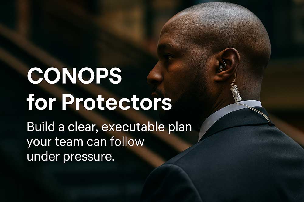A security professional with an earpiece stands alert. Text reads: CONOPS-class-2. Create a clear, executable protection plan your team can follow under pressure. Perfect for executive protection training in Las Vegas. | Executive Protection & Bodyguards in Las Vegas | Alexios A security professional with an earpiece stands alert. Text reads: CONOPS-class-2. Create a clear, executable protection plan your team can follow under pressure. Perfect for executive protection training in Las Vegas. | Executive Protection & Bodyguards in Las Vegas | Alexios
