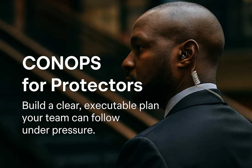 A security professional with an earpiece stands alert. Text reads: CONOPS-class-2. Create a clear, executable protection plan your team can follow under pressure. Perfect for executive protection training in Las Vegas. | Executive Protection & Bodyguards in Las Vegas | Alexios
