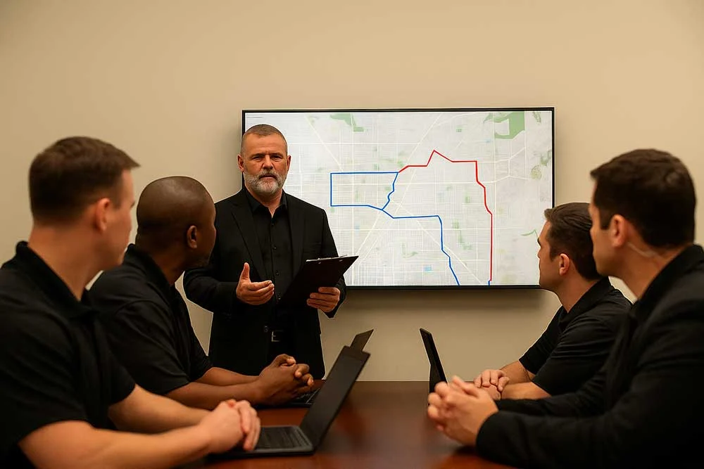 Four men sit at a conference table with laptops while another man stands and presents the CONOPS-class-4 for protectors, in front of a monitor that displays a city map with red and blue routes. | Executive Protection & Bodyguards in Las Vegas | Alexios