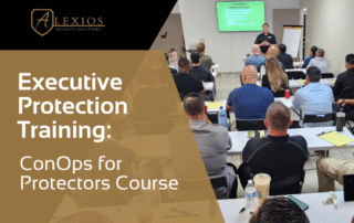 Adults in a classroom face an instructor presenting on a screen. Text: Executive Protection Training_ ConOps for Protectors Course. The Alexios Security Solutions logo highlights Arizona travel security expertise. | Executive Protection & Bodyguards in Las Vegas | Alexios