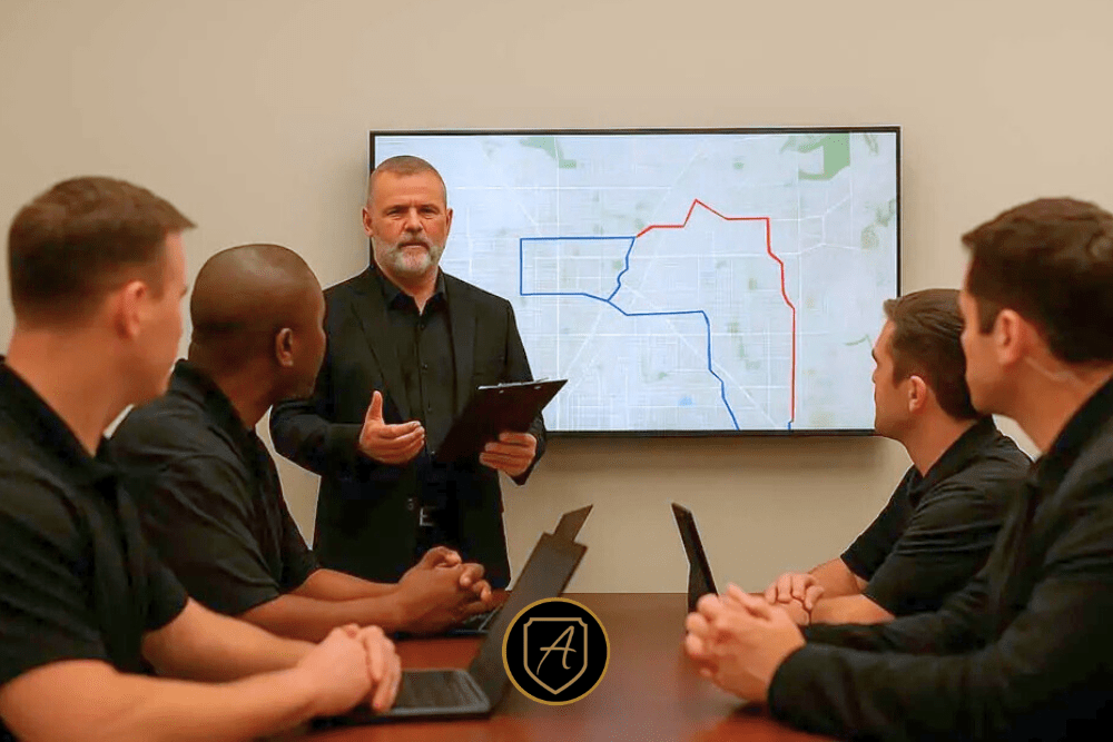 In a modern meeting room, four men with laptops and one standing with a clipboard review a map, discussing travel security in Arizona as part of the Executive Protection Training_ ConOps for Protectors Course1. | Executive Protection & Bodyguards in Las Vegas | Alexios