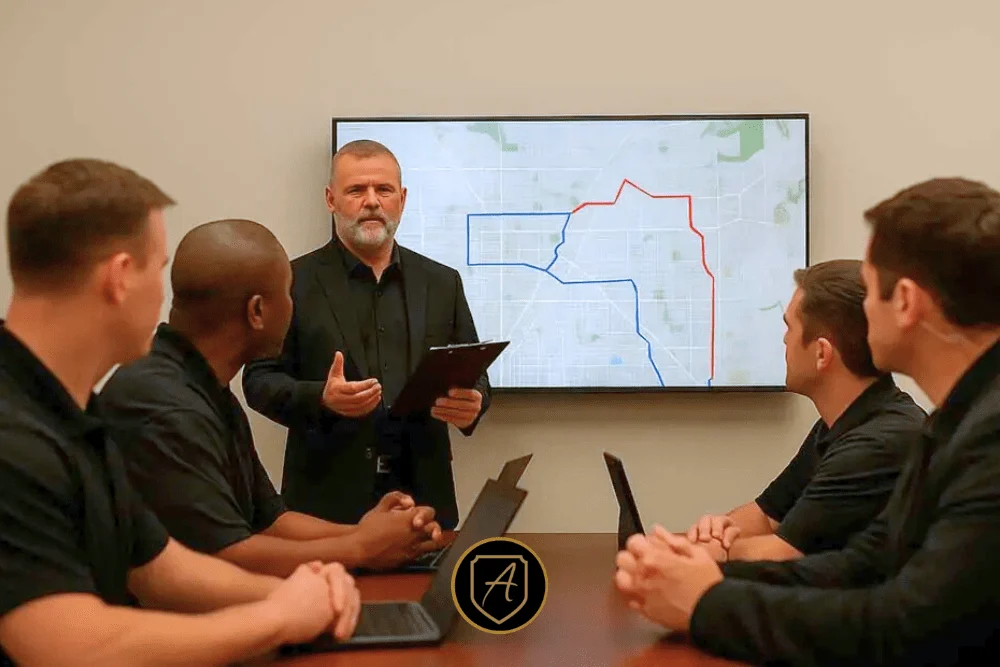In a modern meeting room, four men with laptops and one standing with a clipboard review a map, discussing travel security in Arizona as part of the Executive Protection Training_ ConOps for Protectors Course1. | Executive Protection & Bodyguards in Las Vegas | Alexios In a modern meeting room, four men with laptops and one standing with a clipboard review a map, discussing travel security in Arizona as part of the Executive Protection Training_ ConOps for Protectors Course1. | Executive Protection & Bodyguards in Las Vegas | Alexios
