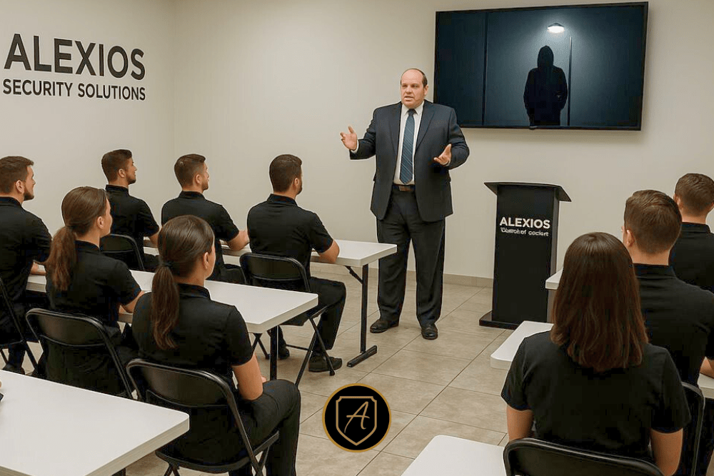 A man in a suit addresses students in black uniforms. The screen displays ALEXIOS SECURITY SOLUTIONS and "Executive Protection Training_ ConOps for Protectors Course2," highlighting secure transportation services in Nevada with a silhouette. | Executive Protection & Bodyguards in Las Vegas | Alexios