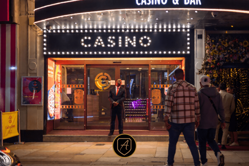 Holiday Event Security in Las Vegas_ Reliable Protection for Parties, Casinos, and Seasonal Crowds-1 Casino entrance protected by a professional security guard providing crowd control and safety by Alexios Security Solutions.