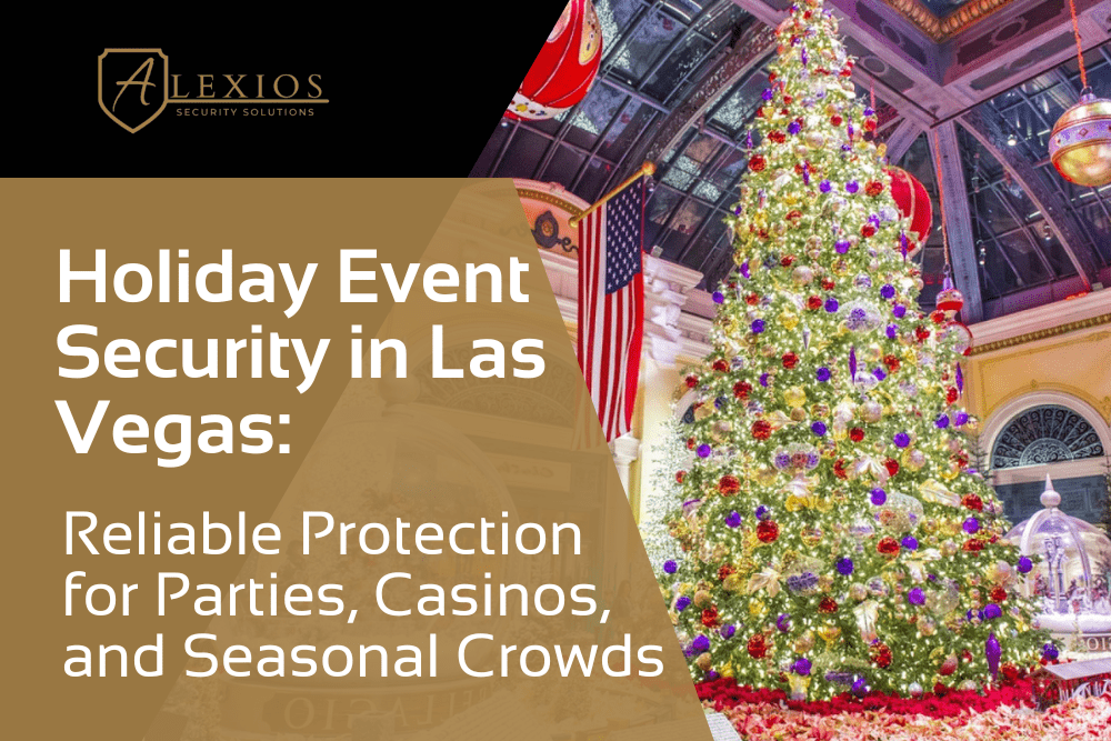 Holiday event security at a Las Vegas casino with seasonal decor and crowd protection services by Alexios Security Solutions.