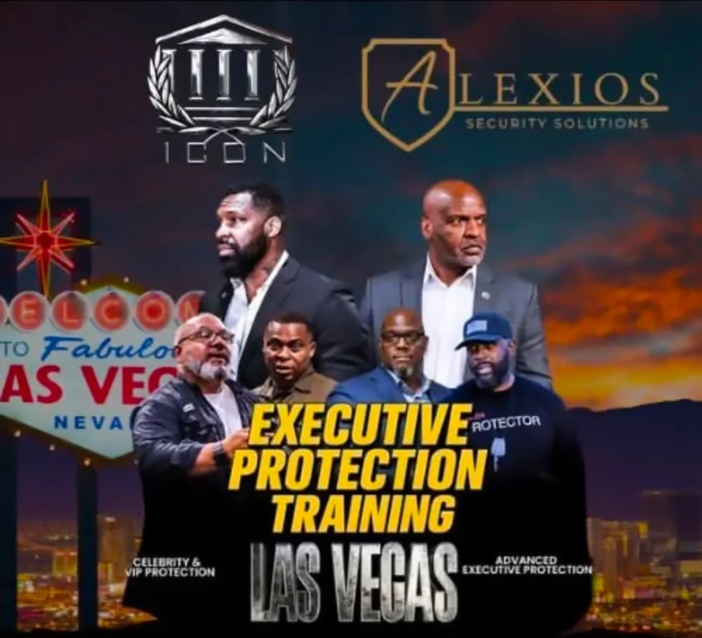 A diverse group of professionals stands in front of a Las Vegas cityscape backdrop, highlighting an executive protection training event by Alexios Security Solutions, emphasizing VIP protection and advanced security services.| Alexios Security Services | Las Vegas Executive Security